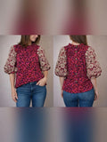THML Embroidered Sleeve Leopard Print Blouse | Size S | Boho Chic Top Roses