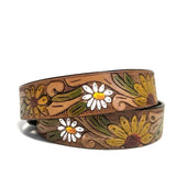 Embossed Sunflower Leather Belt: Handmade Boho Rodeo Style Sunflower