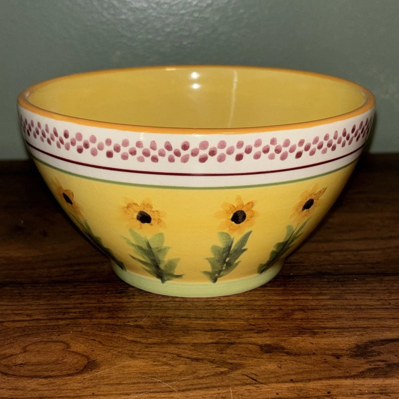 Pfaltzgraff sunflower cereal soup bowl, yellow with pink dot rim and floral sprigs