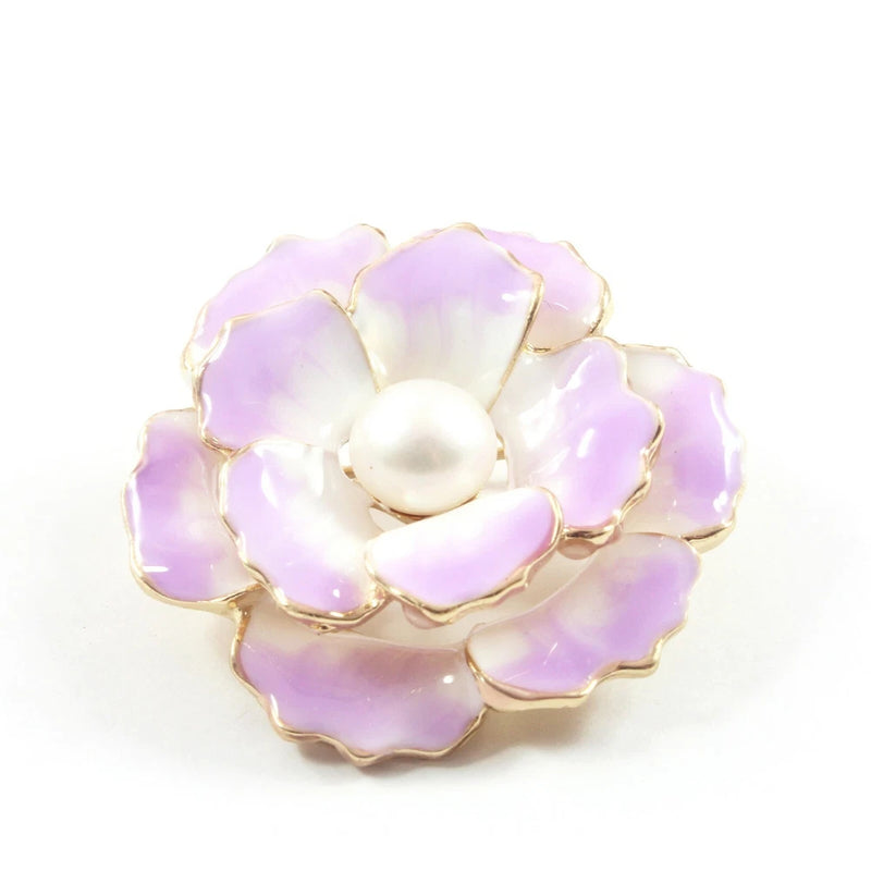 Lavender peony flower brooch with freshwater pearl center and gold-tone metal border