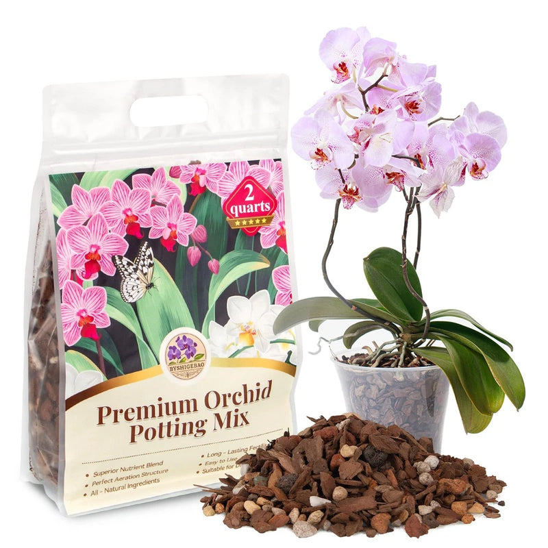 Orchid bark potting mix bag with loose brown bark and orchid plant