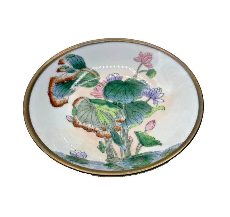 Lotus Lily Pad Flower Brass Bottom Bowl Made in Macau Multicolor Lily