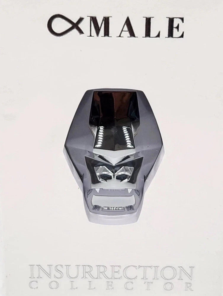 Men's Alpha Male eau de parfum spray bottle, angular dark cap and metallic gray body