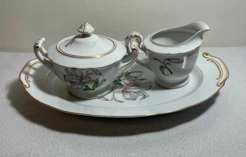 Monarch China Lily Flower ~ 4 Piece Serving Set: Sugar Bowl, creamer, Platter Lily