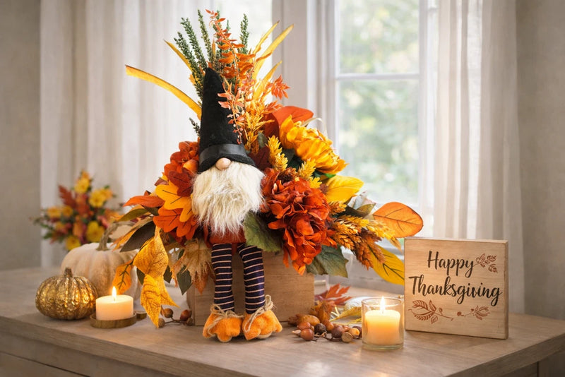 Fall floral arrangement, Thanksgiving gnome arrangement, holiday flower Green Plant
