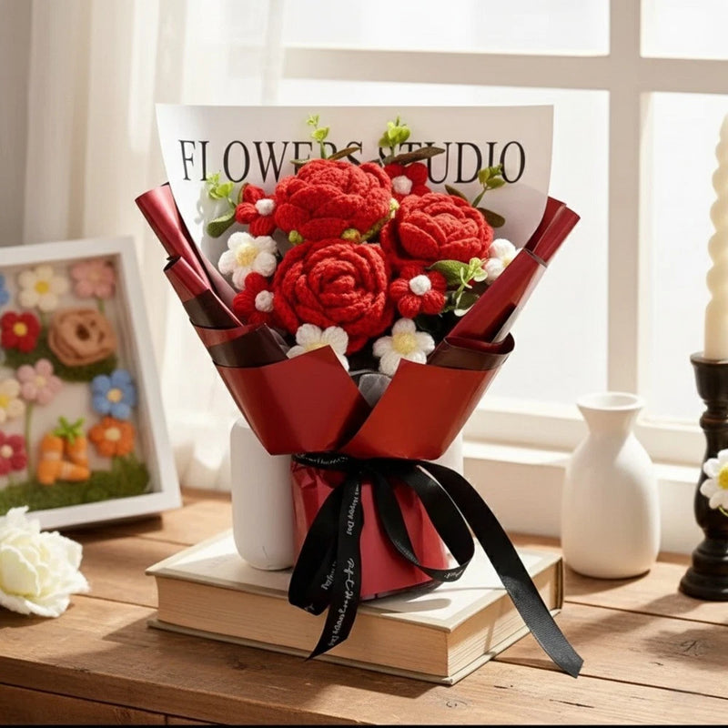 Handmade Crochet Red Rose Flowers Bouquet, Crochet Flower Bouquets for Mother's Bouquet