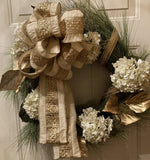 Elegant Christmas Wreath, Snowy Beige Hydrangea With Snowy Pine Boughs Hydrangea