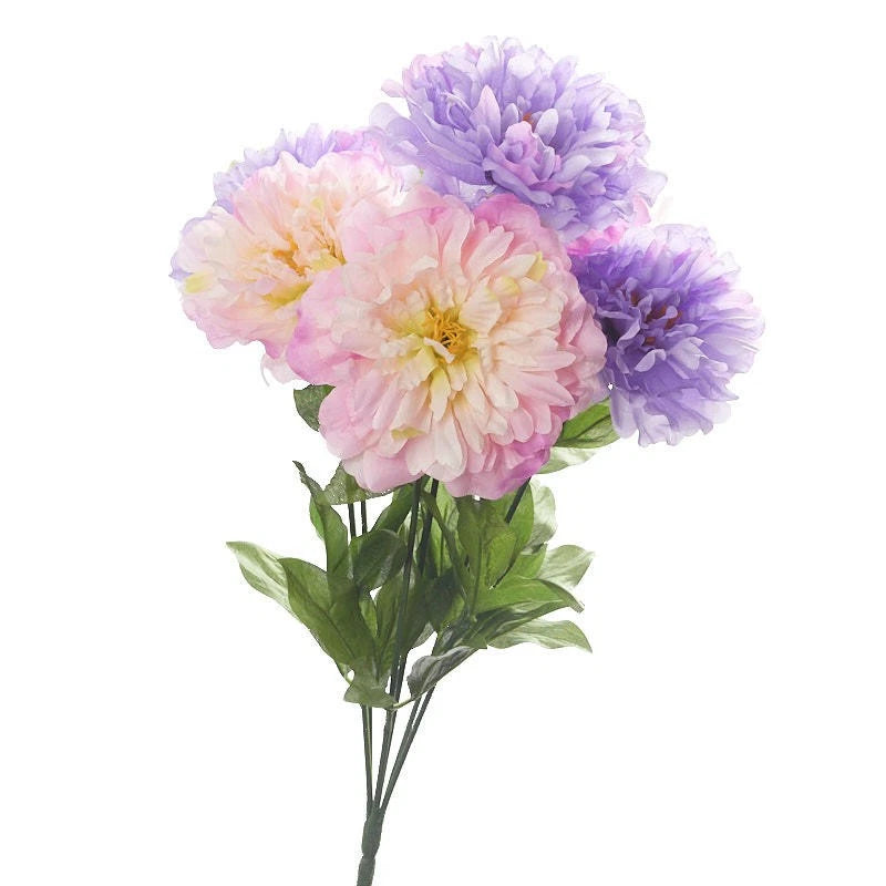 Artificial peony floral bush with lavender and pink blooms and green leaves