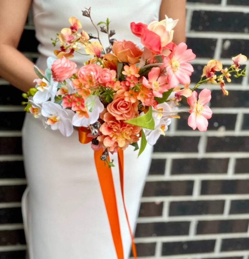 Orange Flower Fields faux wedding bouquet w. orchid, ranunculus, rose, daisy Ranunculus