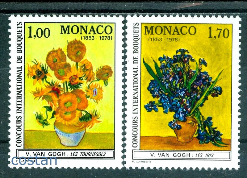 Monaco stamp pair showing sunflowers and irises in a vase, by V. van Gogh.