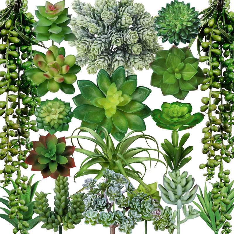 Set of 19 artificial succulents, unpotted small green plants with mixed leaf shapes