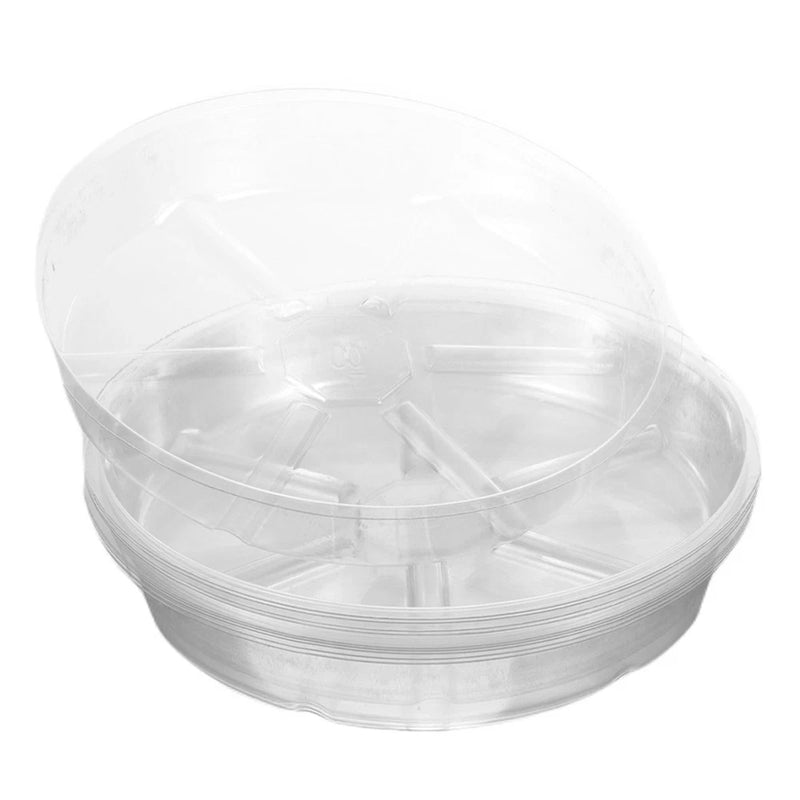 Clear round plastic planter tray saucer, stackable low-profile design