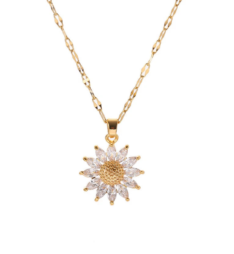 Gold-tone sunflower CZ pendant necklace with openwork flower and sparkling crystal center