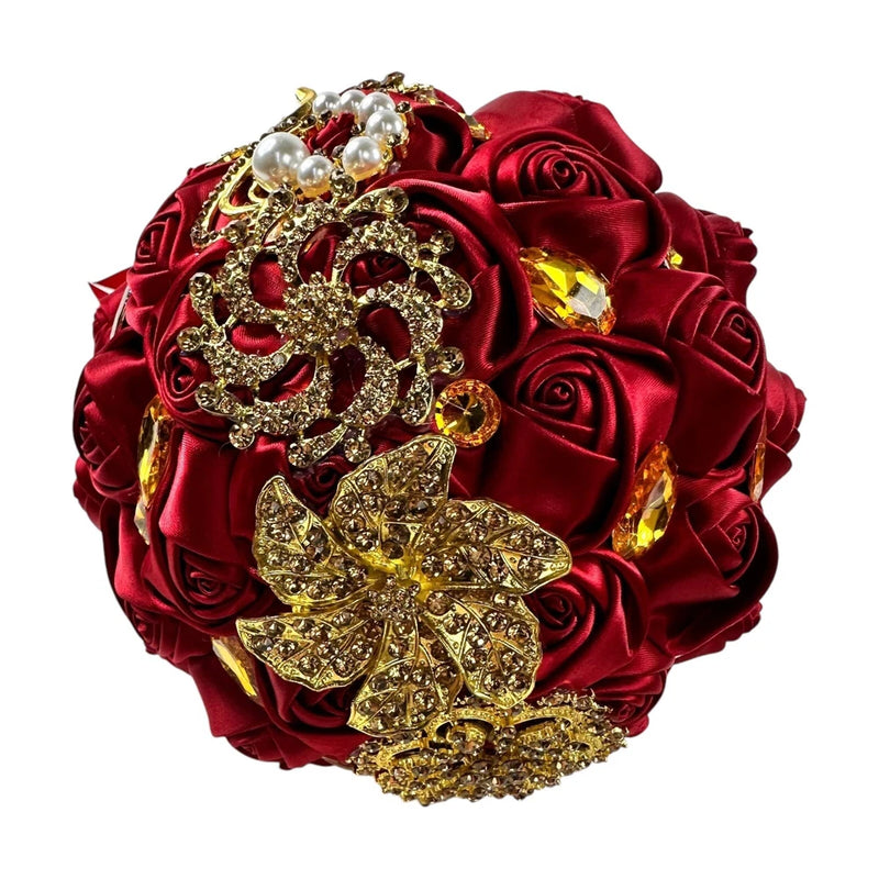 Luxury Red / gold accent Bridal Wedding Bouquet Satin Rose Rhinestone Bouquet