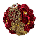 Luxury Red / gold accent Bridal Wedding Bouquet Satin Rose Rhinestone Bouquet