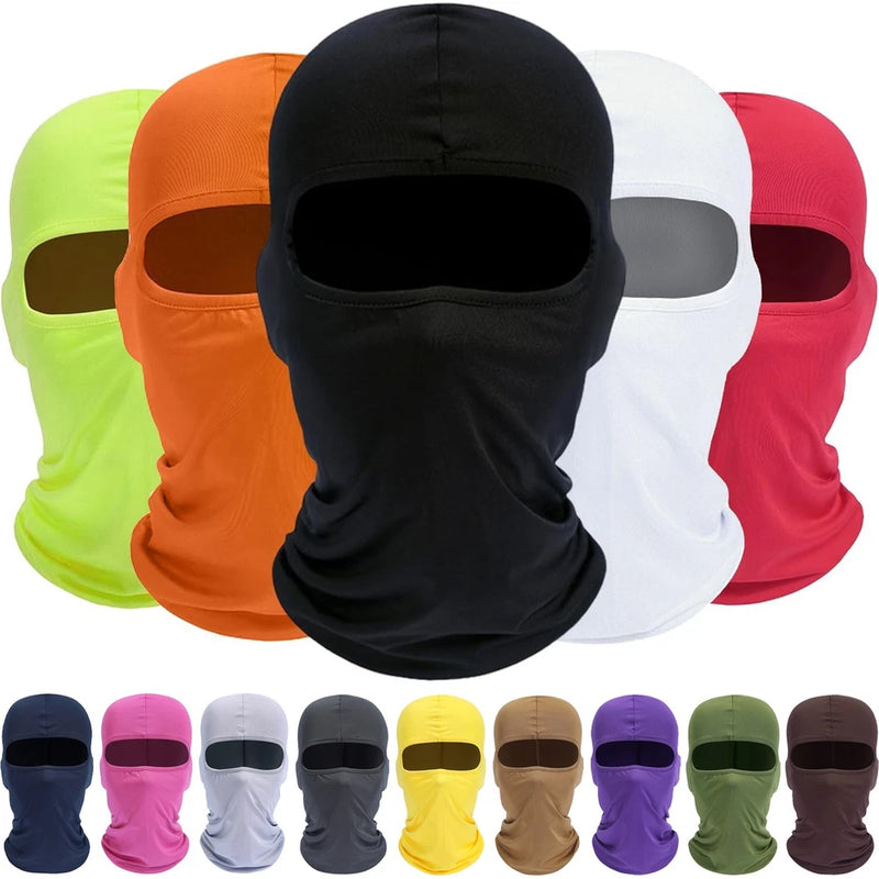 Full face ski balaclava mask with eye opening, shown in black, white, orange, neon green, red