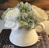 French Blue & Cream Floral Arrangement In Short Cracked Finish Cream Pitcher- Peony