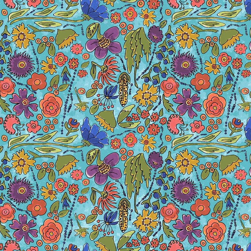 Windham Yippie Yi Yo Ki Yay by Laura Heine 53236 4 Turquoise Flower  Cotton Flowering Plants
