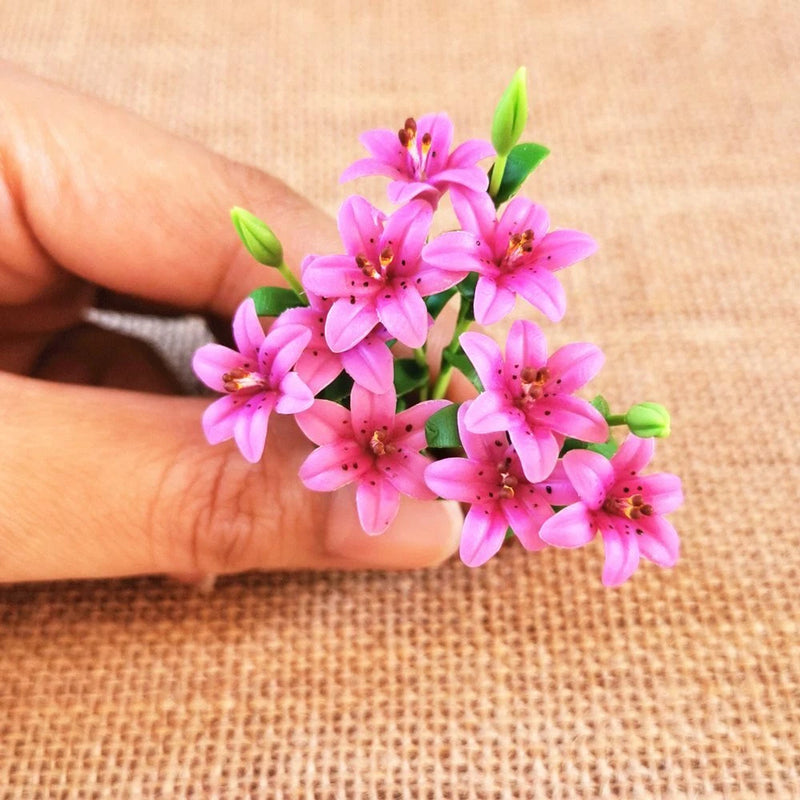 Dark Pink Color Lily Clay Flowers Bouquet 3 Bunches Flower Miniature Dollhouse Lily