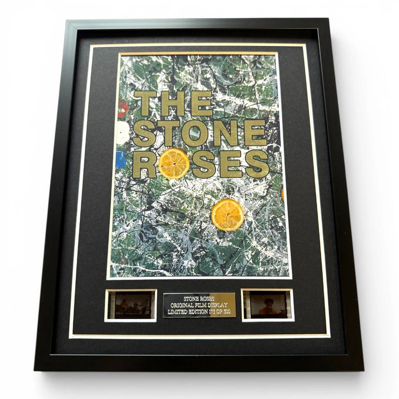 Framed The Stone Roses film cell poster print with green collage text and small photo panels