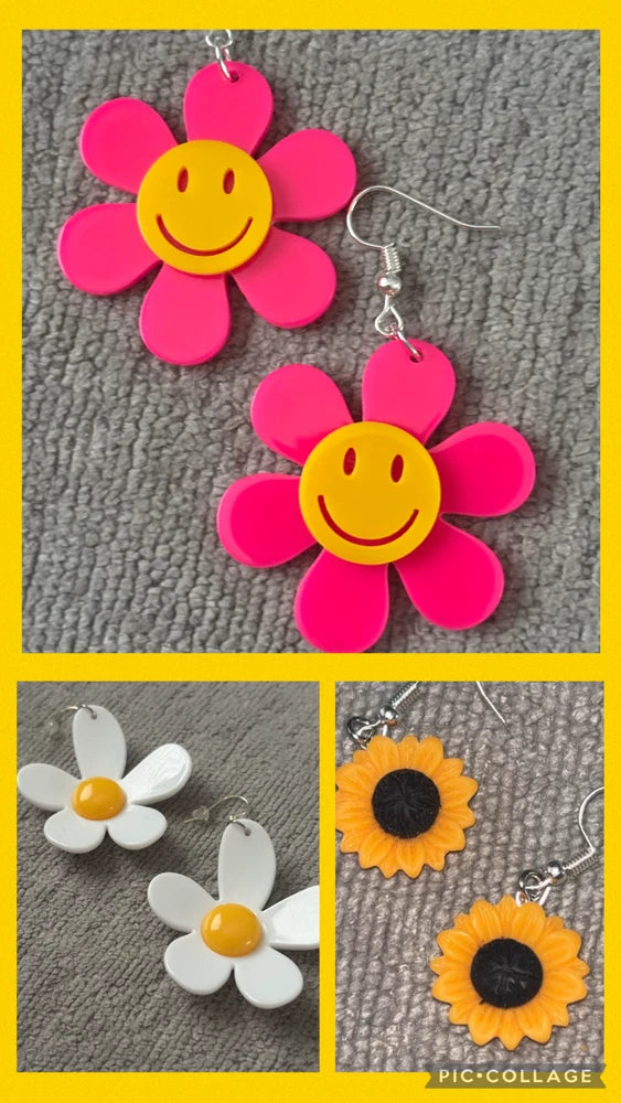 BUY 2 GET 1 FREE Flower & Happy Face Earrings Floral Rose Daisy Tulip Sunflower Sunflower
