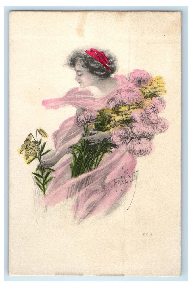 Vintage postcard of a girl in pink dress picking lily flowers and holding a bouquet