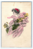 c1910's Beautiful Girl Dressed Pink With Flowers Picking Lily Antique Postcard Lily