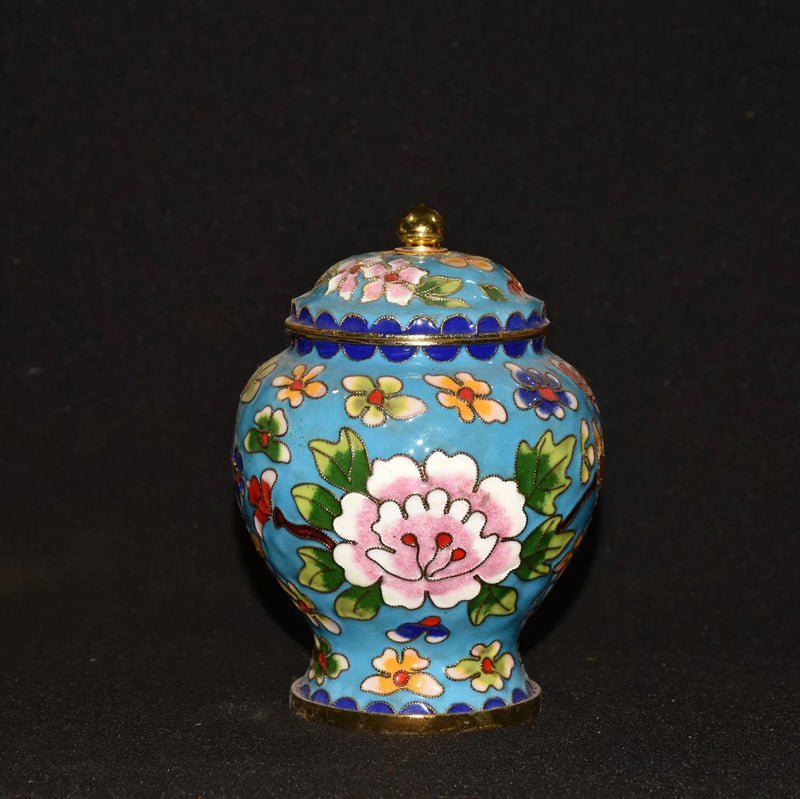 Cloisonné peony flower lidded jar with blue enamel floral pattern