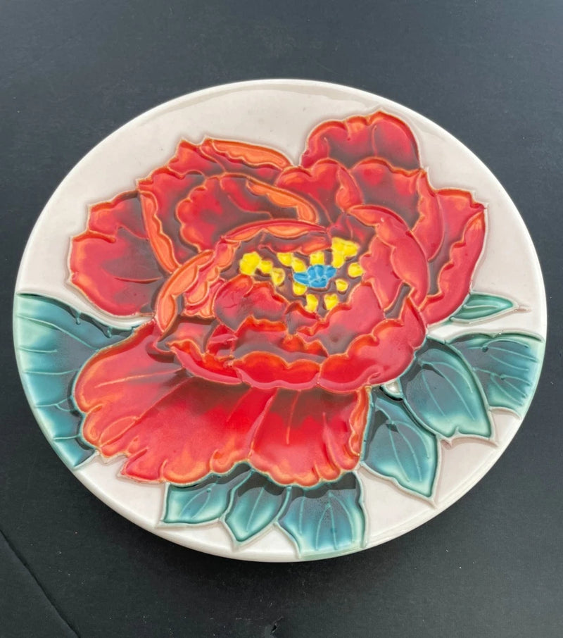 6-inch red peony pottery plate with teal leaf accents and floral center, round dish