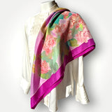 Vintage Hand Painted Silk Square Scarf ÒGilberteÓ Birds, Hydrangeas, Foliage 70s Hydrangea