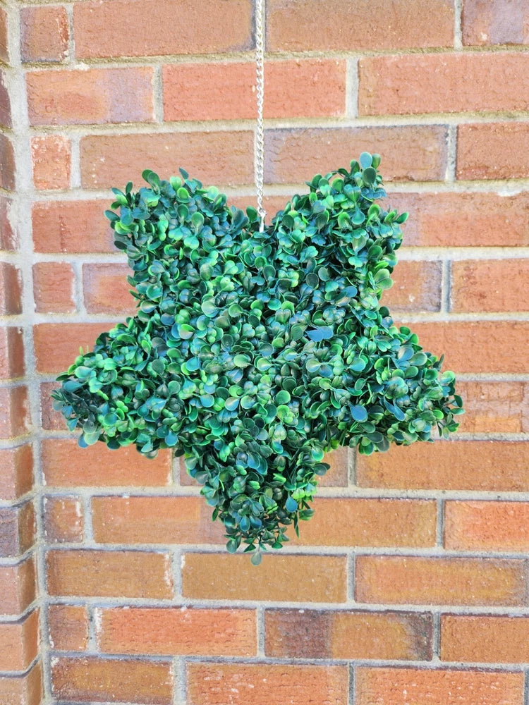 Artificial hanging star-shaped topiary plant with green textured foliage