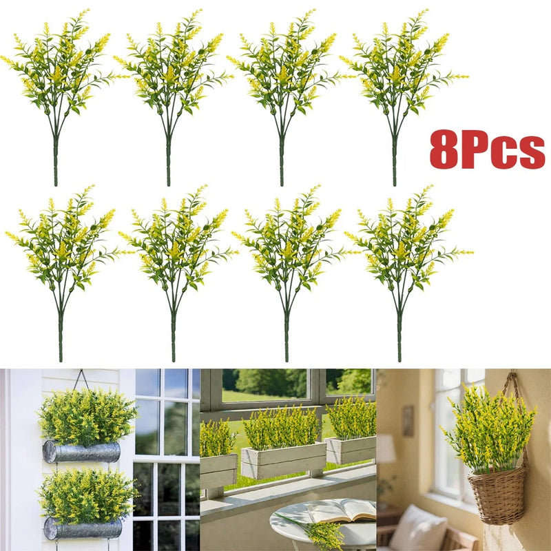 8Pcs Artificial Imitation Yellow Lavender Home Outdoor Garden Decoration Green Plant