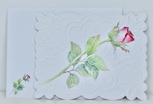Single rose note card with embossed scalloped border and pink rose on white
