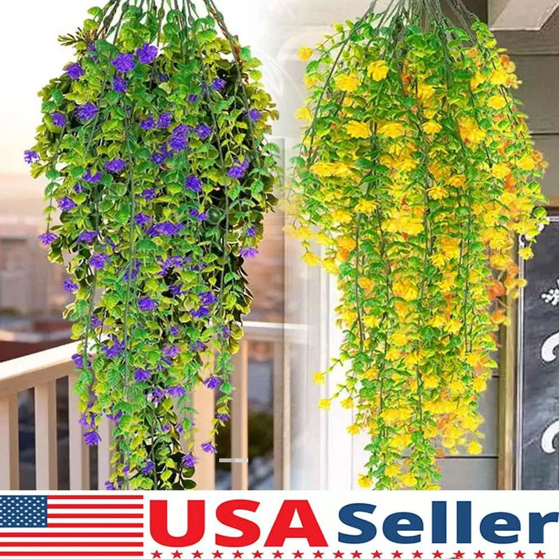 Artificial flower vine hanging garland, purple and green with yellow and green blooms