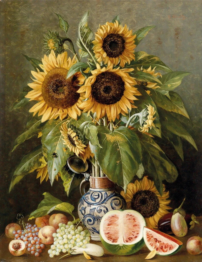 Sunflower oil painting on canvas with fruit, figs, grapes, and a vase of sunflowers