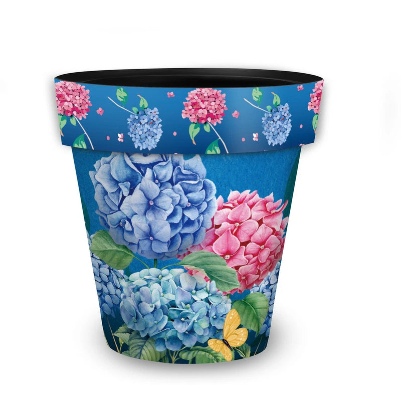Colorful medium hydrangea planter pot with pink, blue, and butterfly design
