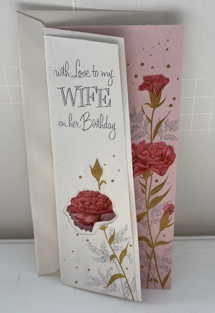 Vintage AG Birthday Card WIFE Love PINK Carnation Flower American Greeting NOS Carnation