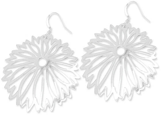 Sterling silver sunflower dangle earrings with leaf-like petals and round center.