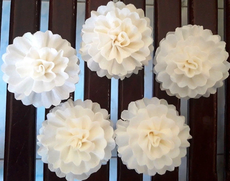 Set of five white balsa wood flower craft decorations with layered petals
