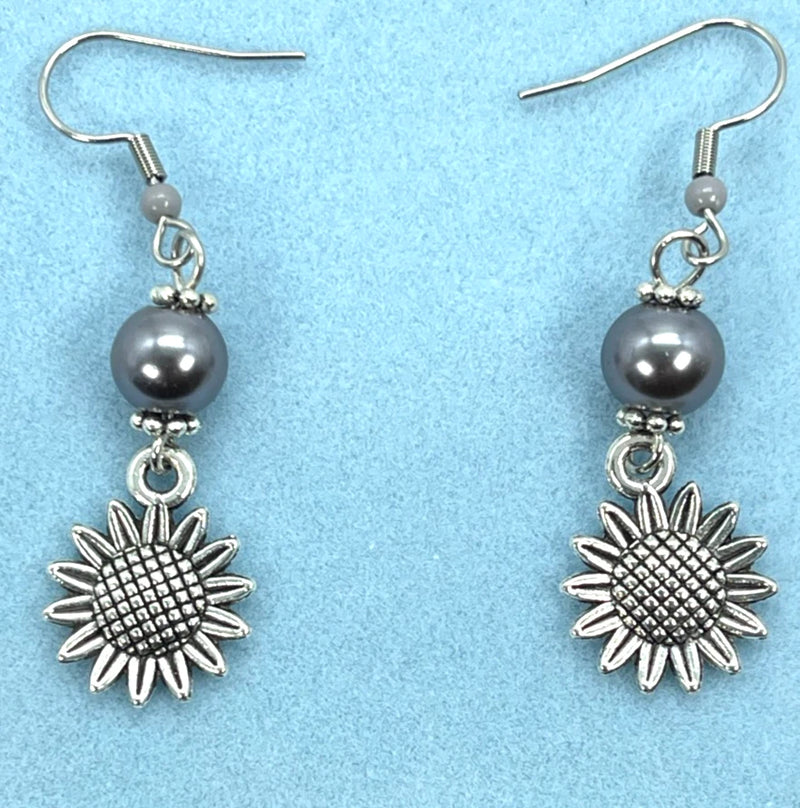 Earrings Antique Silver Tone Sunflowers w/Gray Pearl Accents Drop 1.5" Sunflower