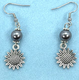 Earrings Antique Silver Tone Sunflowers w/Gray Pearl Accents Drop 1.5" Sunflower