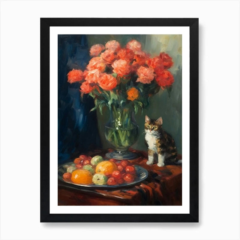 Framed wall art print with orange carnation bouquet and cat beside fruit bowl