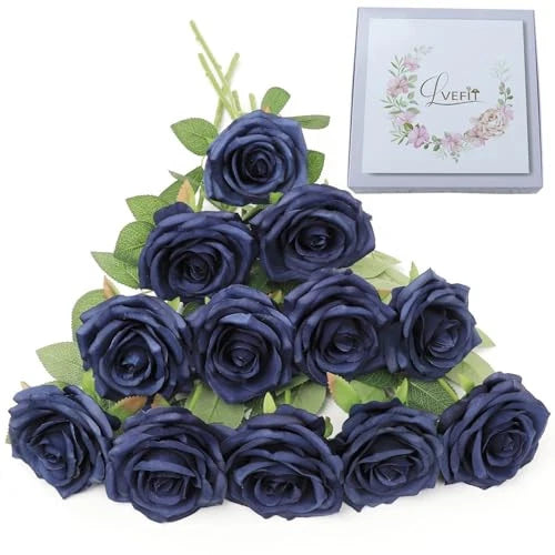 Artificial Rose Flower Flowers Roses Silk Flowers 12 pcs with 12pcs Navy Blue Bouquet