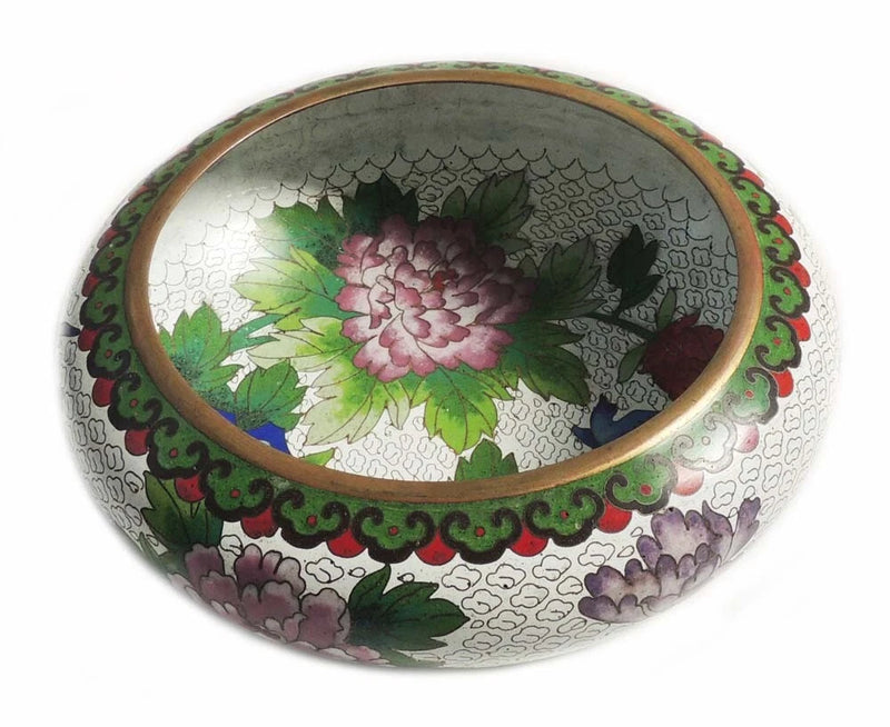 Fine Vintage Cloisonne Bowl Colorful Peony Flower Scroll on White Enameled Brass Peony
