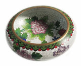Fine Vintage Cloisonne Bowl Colorful Peony Flower Scroll on White Enameled Brass Peony