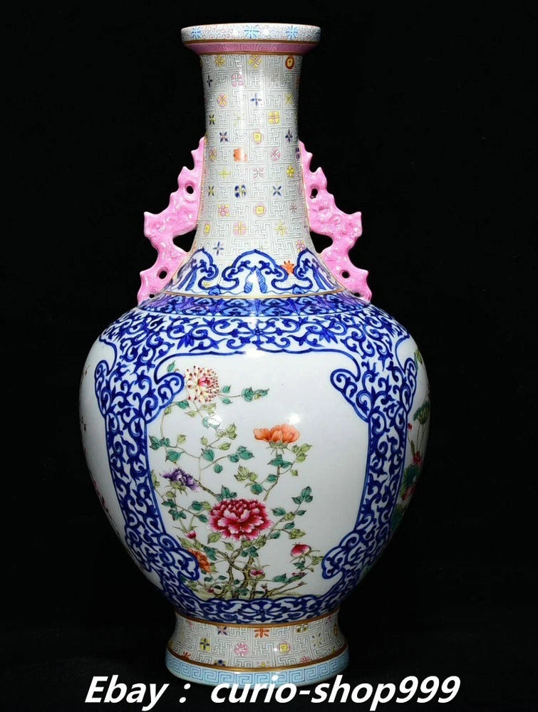 Porcelain vase with blue-and-white floral panels and pink double-ear handles