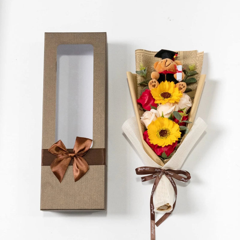 Graduation scented soap flower bouquet with sunflower and plush graduate in gift box