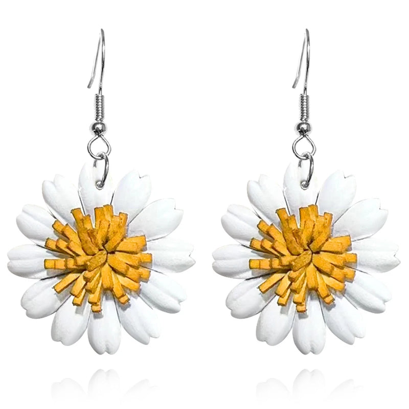 Handmade Vintage Genuine Leather Sunflower Flower Dangle Earrings Lightweight Re Sunflower