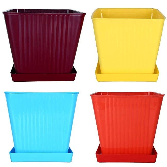 Set of 4 square plastic plant pots: maroon, yellow, blue, red