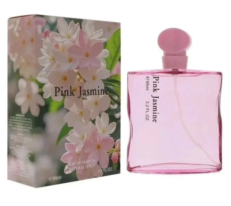 Pink Jasmine EDP perfume spray bottle with pink cap and floral box, 3.2 oz